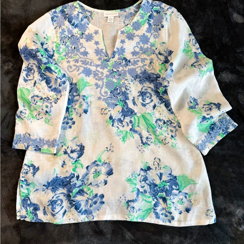 Charter Club Embroidered Tunic Blouse Floral Printed White Linen Sz L